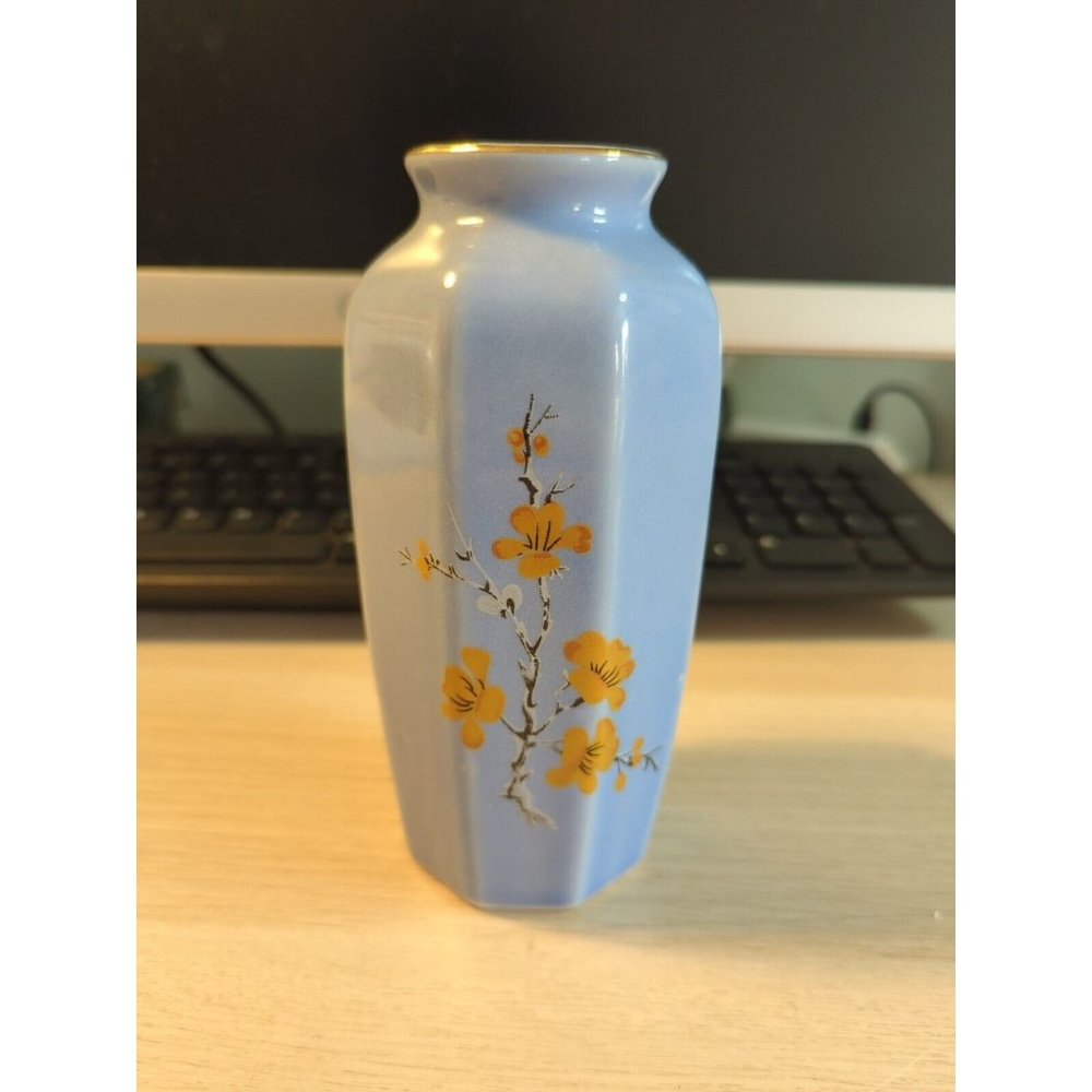 Japanese Style Porcelain 6” Octagonal Vase With  Floral Design